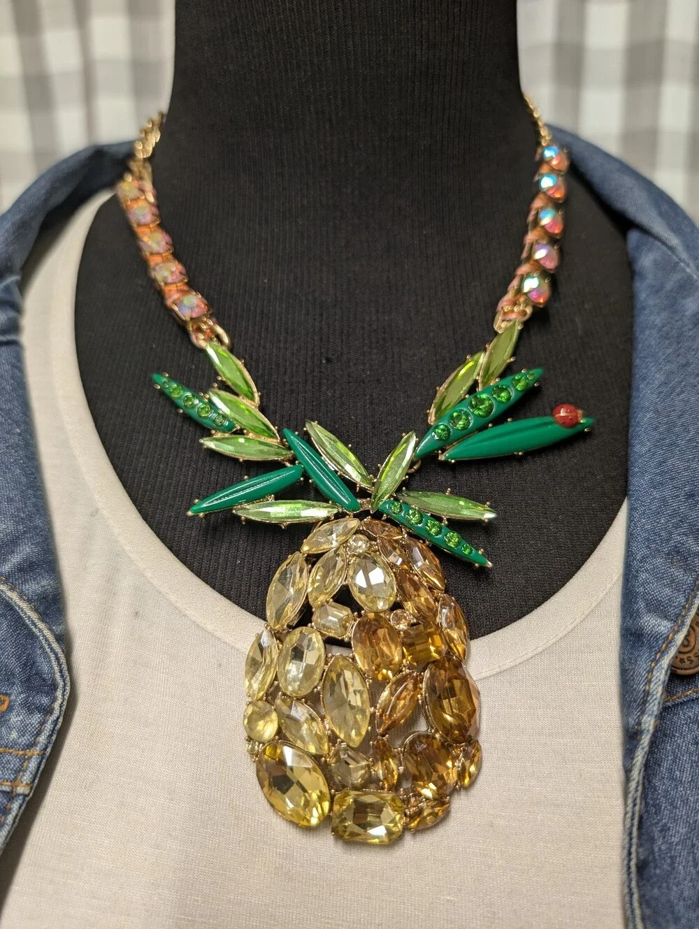 Betsy Johnson Rhinestone Pineapple Pendant Necklace Statement Jewelry
